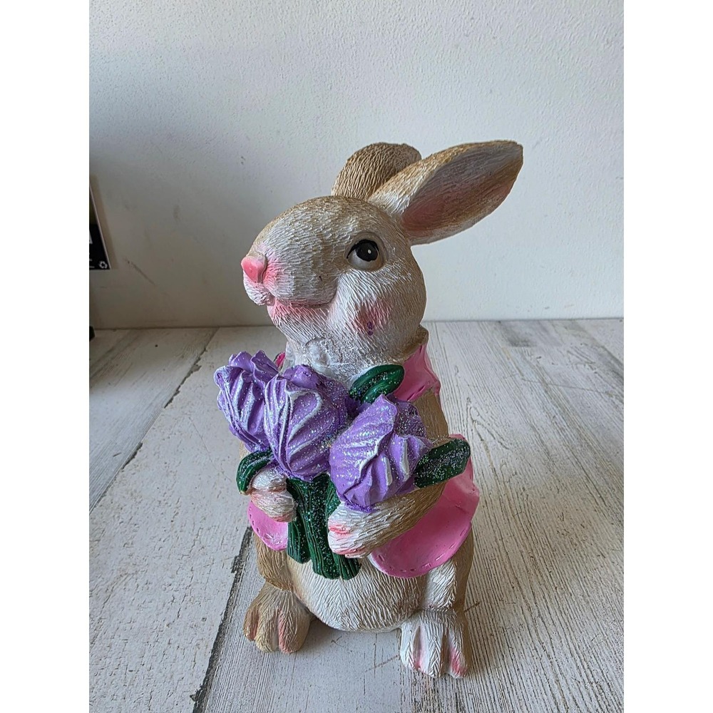 Vintage Easter Bunny tulip rabbit glitter statue figurine spring decor